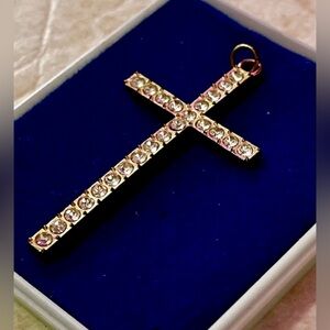 Rhinestone Cross Pendant Necklace - Gold Tone Clear Crystal